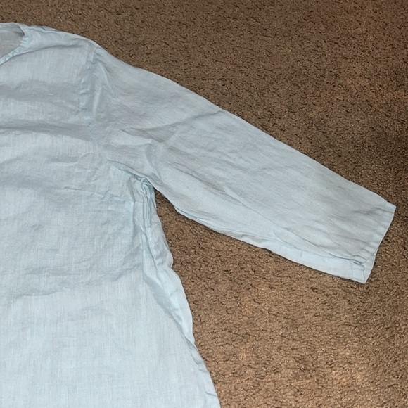 Match Point 100% Linen Ruffle Blouse Top 3/4 Sleeves Light Pastel Blue Large - Picture 3 of 7